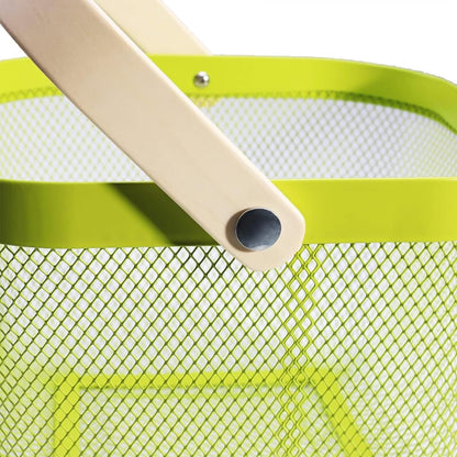 Metal Mesh Steel Basket, Storage Organizer Basket Multi-functional Hanging Kitchen Baskets Fruit Basket with Wooden Handle for Kitchen Bathroom Picnic Shopping Decor Cabinet Home, Macaron Green