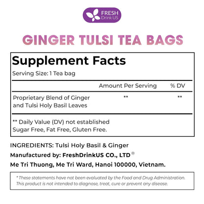 FreshDrinkUS Premium 75 Ginger Tulsi Tea Bags, 100% Natural, Hand-made Blend of Ginger and Tulsi Holy Basil Leaves, Eco-conscious Tea Bags. No Sugar, No Caffeine, Vegan