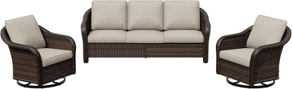 3 Pieces Patio Conversation Set, 78" Wicker 2-Seat Couch with Washable Cushions, Wicker 360 Degree Swivel Glider Rocker Chairs, Sofa for Garden, Lawn (Beige)