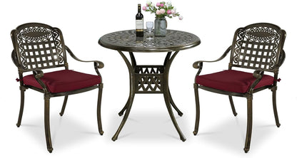 VIVIJASON 3-Piece Outdoor Patio Bistro Set, All-Weather Cast Aluminum Furniture Dining Sets Include 2 Cushioned Chairs and 31" Round Table w/Umbrella Hole for Balcony, Garden, Backyard, Red Cushion