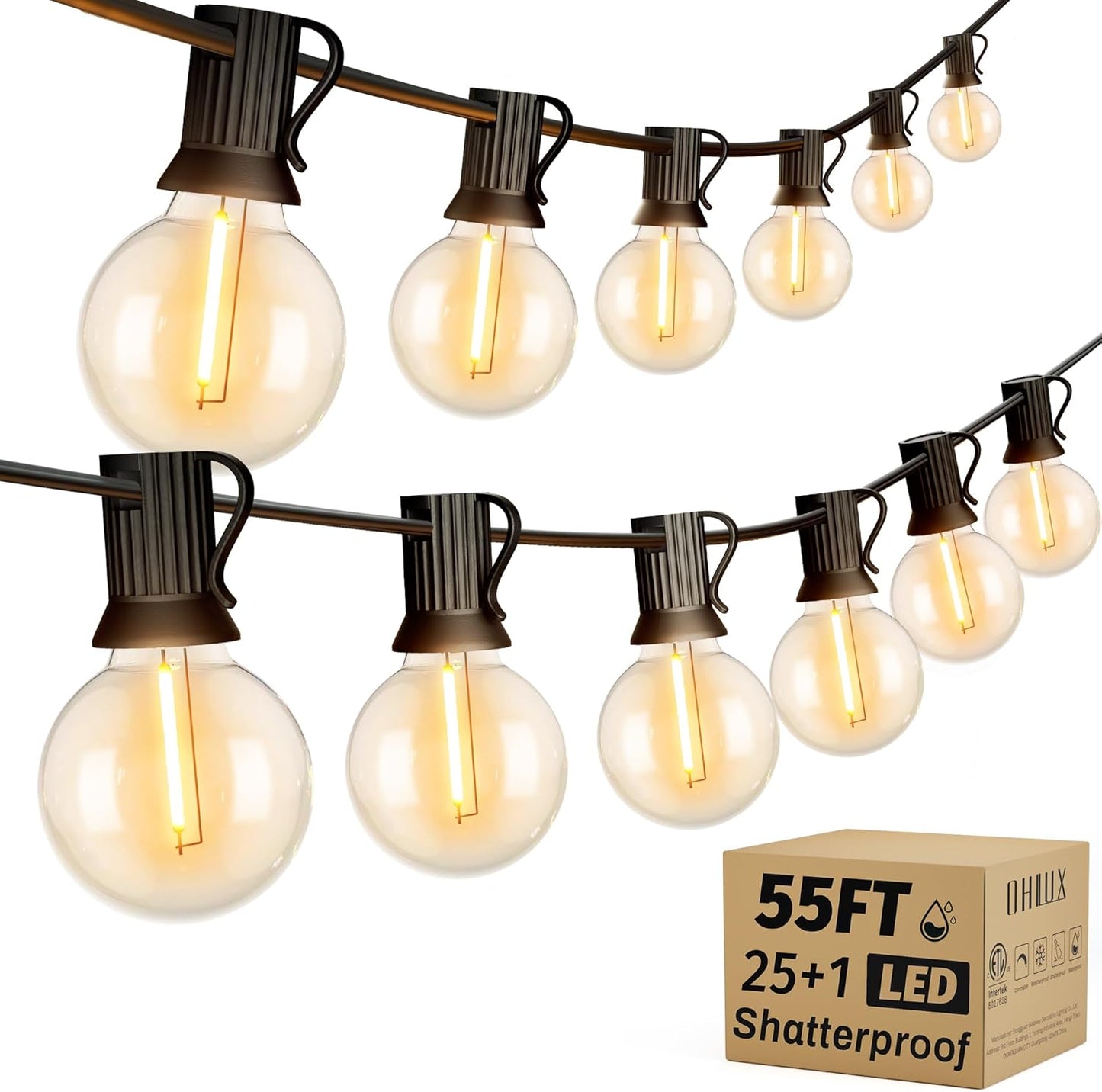 OHLUX Outdoor String Lights, 55FT Shatterproof LED Patio Lights with 26 Dimmable Plastic G40 Bulbs, 2200K Waterproof Connectable Hanging String for Backyard, Cafe, Porch, Deck, E12 Base