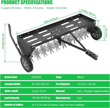 Doniks 40-Inch Tow Behind Plug Aerator with Transport Wheels, Lawn Aerator Tow Behind with Galvanised Steel Tines and Extra-Wide Tow Bar, Pull Behind Aerator for Gardens, Lawns, Farms