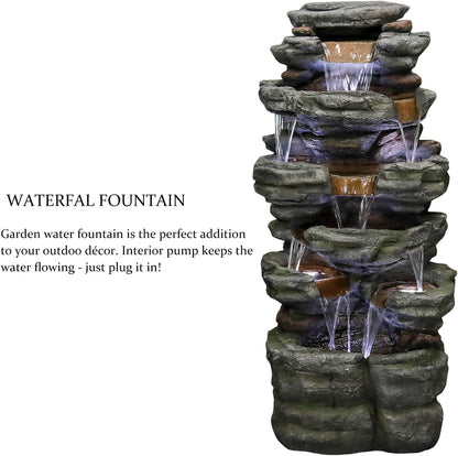 SunJet 47.2" High 6-Tiers Cascading Rock Outdoor Water Fountain with LED Lights - Large Outdoor Fountains and Waterfalls for Garden or Patio, Yard, and Deck Decor, Featuring Natural Stone Look