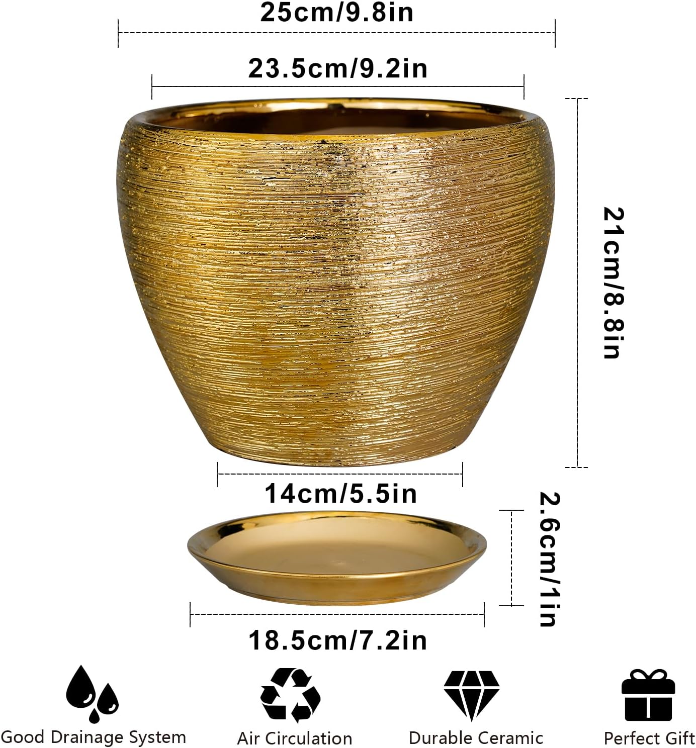 Ceramic Planter 10 Inch - Indoor Plant Pot with Drainage Hole and Saucer Large Decorative Planter Mid-Century Modern Flower Pot Outdoor for Home Decor Gold
