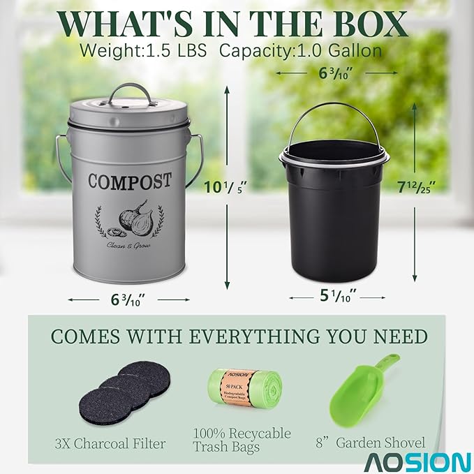AOSION Countertop Compost Bin Kitchen,Odor Resistant Indoor Compost Bin with Lid and Compost Bags,Compost Bucket Composter Container for Food Waste,Grey