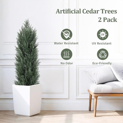 THE BLOOM TIMES 4ft Topiary Trees Artificial Outdoor 2 Pack – UV Resistant Faux Cedar Pine Cypress Bushes and Shrubs, Fake Potted Plants for Front Porch Outside Planter Patio Decor, Set of 2 (4 Foot)