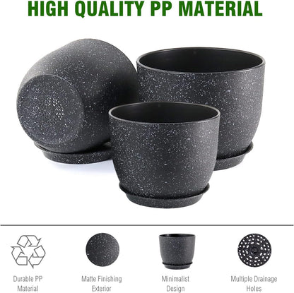9/8/7.5 inch Plant Pots, Set of 3 Modern Decorative Plastic Planters with Drainage Holes and Saucer for Garden House Plants, Flower Pots for Indoor Outdoor Plants, Speckled Black
