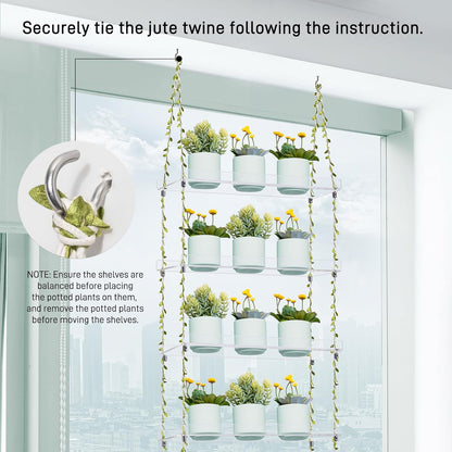 Sumerflos Acrylic Window Boxes Window Plant Shelves 4 Tier - Clear Hanging Shelf Indoor Jute Twine Adjustable Plant Holder for Window Wall Living Room Balcony Natural