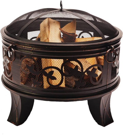 26 Inch Steel Deep Bowl Fire Pit with Cooking Grid, Weather Cover, Spark Screen, and Poker - Model# BFPW26W-CC Metal