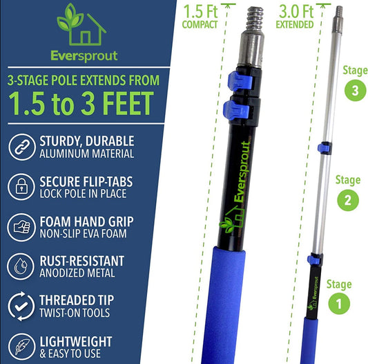 EVERSPROUT 1.5-3ft Durable Fruit Picker with 10+ Foot Reach – Telescoping Fruit Picker Pole, Lightweight Twist-On Fruit Picking Tool with Basket, Aluminium Extension Pole for Tree Fruit Harvesting