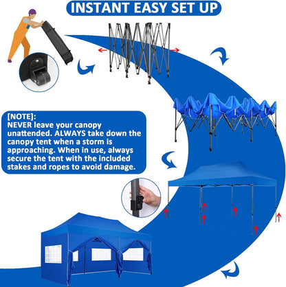 COBIZI 10x20 Pop Up Canopy with 6 Sidewall,Heavy Duty Canopy UPF 50+ All Season Wind Waterproof Commercial Outdoor Wedding Party Tents for Parties Gazebo with Roller Bag(10 x 20 ft Blue)