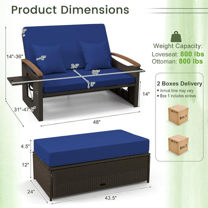 Tangkula Patio Rattan Daybed Set with Cushioned Loveseat and Storage Ottoman, Outdoor Double Chaise Lounger with 4-Level Adjustable Backrest and Retractable Side Trays for Backyard (Navy)