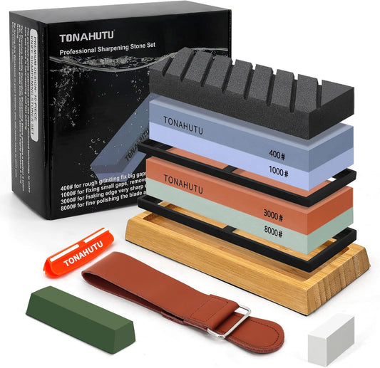 Knife Sharpening Stone Set, Professional 4 Side Grit 400/1000 3000/8000 Premium Whetstone Knife Sharpener with 150/320 Flattening Stones, Leather Strop, Polishing Combination & Angle Guide