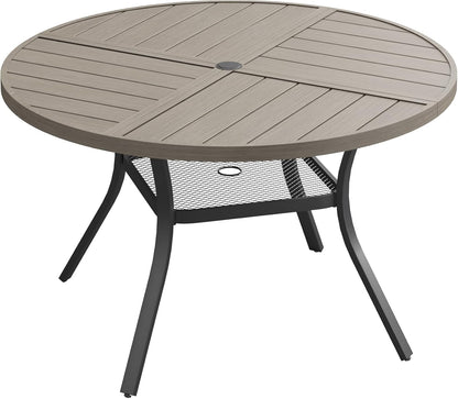 DIFY 40.6" Round Outdoor Patio Dining Table for 4, All-Weather Metal Steel Slatted Patio Table with 1.57" Adjustable Umbrella Hole, for Lawn Garden Porch Backyard, Grey Wood-Like