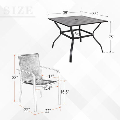 Anumutig 5-Piece Outdoor Dining Set, 35‘’Square Table with 4 Stackable Patio Chairs, All Weather Frame Furniture Set - Beige