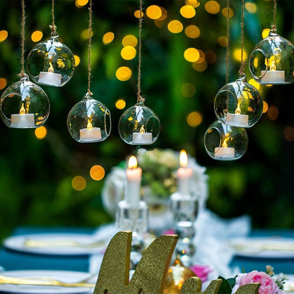 Sziqiqi Hanging Glass Tealight Candle Holder with LED Candles - 3.15inch Tea Light Globe Terrarium Holders Ornament for Wedding Christmas Birthday Halloween Party Centerpieces Decor 8pcs