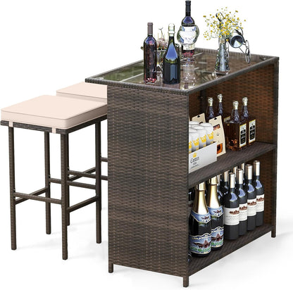 Tangkula 3 Piece Patio Bar Set, Outdoor Rattan Bar Table and 2 Stools with Tempered Glass Tabletop, 2-Tier Storage, Removable Cushions, Outside Wicker Conversation Set