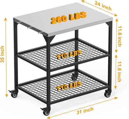 Outdoor Grill Cart,Pizza Oven Table with 4 Wheels,Three-Shelf Movable Dining Cart Table,BBQ Food Prep Work Table,Stainless Steel Flattop Grill Stand for Kitchen Backyard, with Waterproof Cover