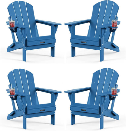 MUCHENGHY Folding Adirondack Chairs HDPE Weather Resistant 4 Pack, Patio Firepit Chairs, Sturdy Outside Chair, Lawn Chairs, 15min Assembly 380lb, Royal Blue