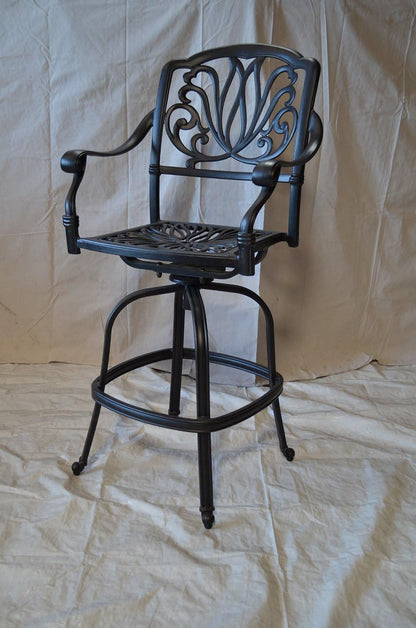 Elizabeth Outdoor Patio 5pc Set Bar Table 42" Dark Bronze Cast Aluminum, Premium Sun-Sesame Cushions