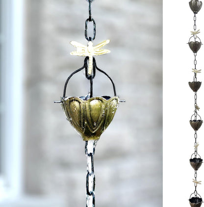 8.5 ft Dragonfly Cups Antique Brass, to Replace Roof Gutter Downspout, with Installation Kit, Rainwater Catcher/Water Diverter, JAS8004AB
