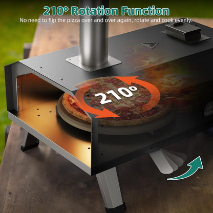 YTIAHOME Outdoor Wood Pellet Pizza Oven with Rotating, 12" Wood Fired Pizza Oven with Built-in Thermometer, Outside Pizza Stove with Peel, Stone and Recipes for Backyard Camp