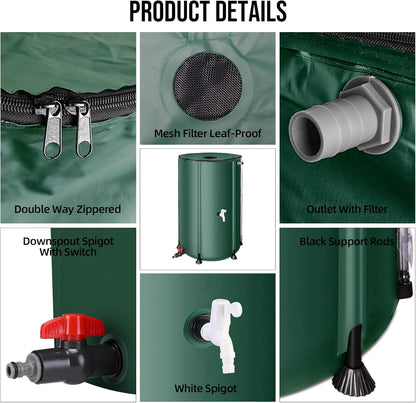 Collapsible Rain Barrel Water Collection System - 100 Gallon Portable Water Storage Tank,Foldable Rainwater Collect System Downspout, Water Catcher Container with Filter, Spigots＆Overflow Kit,Green