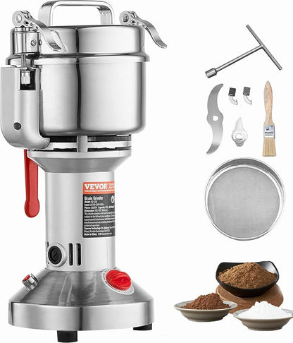 VEVOR 550g Electric Grain Mill Grinder, High Speed 2000W Commercial Spice Grinders, Stainless Steel Pulverizer Powder Machine, for Dry Grains Spices Cereals Coffee Corn Pepper, Straight Type