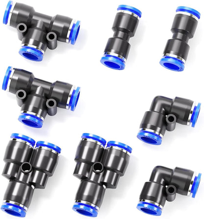 TAILONZ PNEUMATIC 5/16 inch or 8mm od Push to Connect Fittings Pneumatic Fittings Kit 2 Spliters+2 Elbows+2 tee+2 Straight (8 pcs)