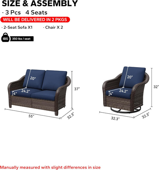 3 Pieces Patio Conversation Set, 55" Sofa with Washable Cushions, Wicker 360 Degree Swivel Glider Rocker Chairs, Wicker 2-Seat Couch for Garden, Lawn (Navy Blue)