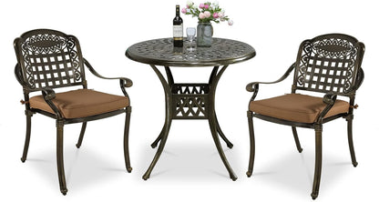 VIVIJASON 3-Piece Outdoor Patio Bistro Set, All-Weather Cast Aluminum Furniture Dining Sets Include 2 Cushioned Chairs and 31" Round Table w/Umbrella Hole for Balcony, Lawn, Garden, Backyard