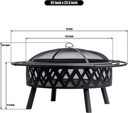 42 Inch Wood Burning Fire Pit with 2 Loops, Outdoor Fire Pit with Spark Screen & Fire Poker, Cross Weave Firepit for Outside Fireplace Bonfire for Yard,Patio, Garden