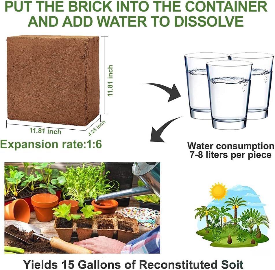 Premium Coco Coir Brick, 11Lbs High Nutrient Compressed Coconut Soil, OMRI 100% Organic Low EC & PH Balanced Potting Soil for All Plants Gardening, Hydroponics and Reptile Substrate 1-Pack