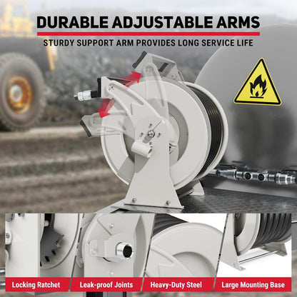 Diesel Fuel Hose Reel Retractable 1" x 50' with Fueling Nozzle Diesel Hose Reel 300 PSI Industrial Auto Swivel Heavy Duty Steel Construction for Farm Ship Vehicle Tank