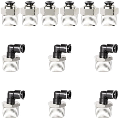 TAILONZ PNEUMATIC Elbow and Straight Combination 1/4 Inch Tube OD x 1/2 Inch NPT Thread Push to Connect Fittings PC-1/4-N4+PL-1/4-N4(Pack of 12)