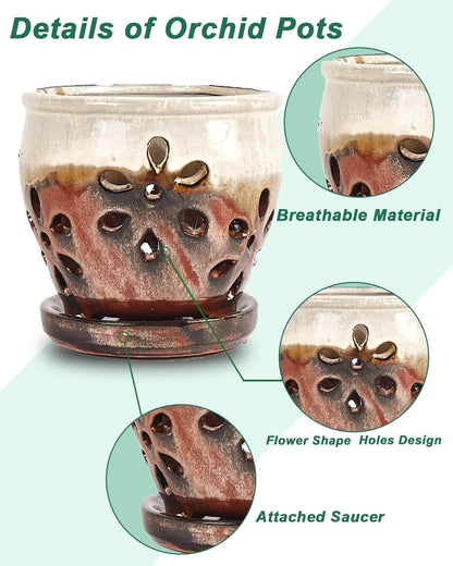 vensovo 5 Inch Ceramic Orchid Pots with Holes and Saucers - 1 Pcs Small Succulent Pot for Repotting, Garden Flowerpots for Plants Indoor and Outdoor Promotes Air Circulation, Brown Mixed