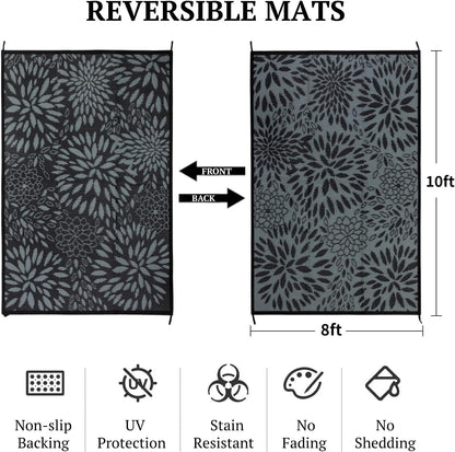 8'x10' Reversible Outdoor Rug - Eco-Friendly Plastic Straw Rug-Heavy-Duty Waterproof Mat, UV & Fade Resistant for Patio, Camping, RV, Deck, Balcony(8x10,Black&Floral)
