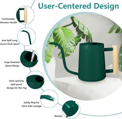 Watering Can Indoor Plants, 35oz Small Indoor Stainless Steel Metal Watering Can Modern Decorative Watering Pot with Long Spout for Indoor House Plant Bonsai Garden Flowers (Alpinegreen)