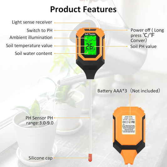 4-in-1 Soil Moisture Meter Digital PH Meter/Soil Moisture/Plant Temperature/Sunlight Intensity, Backlight LCD Display, Soil Test Meter for Garden, Lawn, Plant Care, Farm and Indoor Outdoor Plants