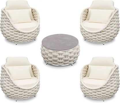 Woven Rope Patio Furniture Set: 5 Pieces Aluminum Outdoor Conversation Sofa Set All Weather - Cushioned Modern Deck Couch Set Assembled for 400lbs Front Porch Garden Lanai Sunroom Hotel, Beige