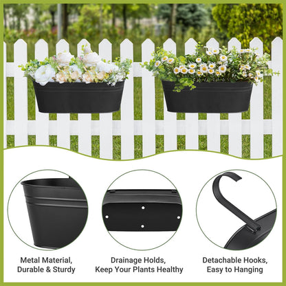 Dahey 4 Pcs Metal Hanging Flower Pots for Railing Fence Outdoor Planter 15.7 Inch Hanging Bucket Pots Countryside Window Flower Plant Holder with Detachable Hooks for Garden Yard Home Decor,Black