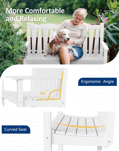 Outdoor Bench Set of 2, Weatherproof Garden Benches for Outdoors, All Weather HIPS Patio Bench Holds up to 800lbs, Never Rot or Fade, Comfort Bench for Porch Garden Patio Yard and Park(White)