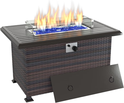 Kurapika Propane Fire Pit Table 43 Inch 55,000 BTU Auto-Ignition, CSA Certification Outdoor Rattan Gas Fire Pits with Slide Out Tank Holder, Outdoor Fire Tables Wider Desktop, Windshield and Lid
