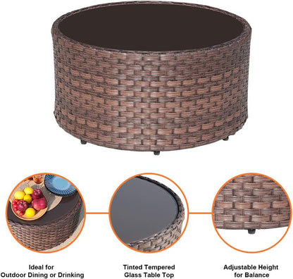 SUNSITT 5-Piece Half Moon Outdoor Sectional Sofa Set with Cover, Patio Brown PE Wicker Furniture with Beige Cushions & Tempered Glass Coffee Table