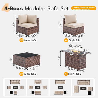 UDPATIO Patio Furniture Set with Fire Pit Table, 8 Piece Outdoor Sectional Modular Sofa, Wicker Outdoor Furniture Conversation Sets with Waterproof Cover for Backyard Deck(Brown/Khaki)