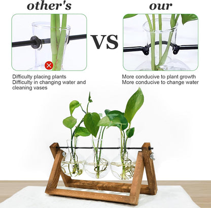 Plant Propagation Station, Plant Terrarium with Wooden Stand, Unique Gardening Birthday Gifts for Women Plants Lovers, Home Office Garden Decor Planter - 3 Bulb Glass Vases