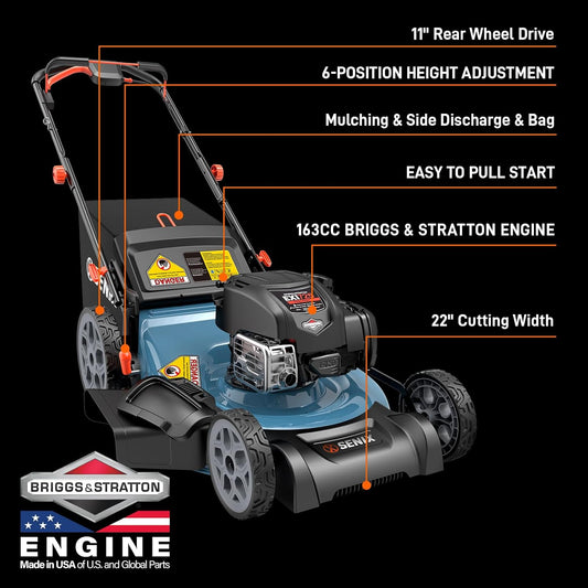SENIX LSSG-H2 22-Inch Self Propelled Gas Lawn Mower with 163 cc 4-Cycle Engine, 3-in-1 Rear Wheel Drive Variable Speed Lawnmower, 6-Position Height Adjustment
