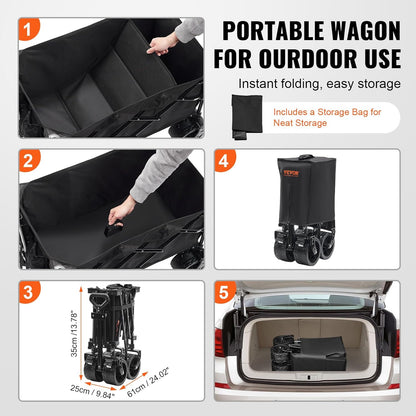 VEVOR 350LBS Collapsible Folding Outdoor Utility Wagon, 150L Heavy Duty Foldable Wagon Cart for Grocery Camping, Portable Utility Beach Wagon with Big Wheels for Garden Sports 35 x 21.3 x 42.5 in