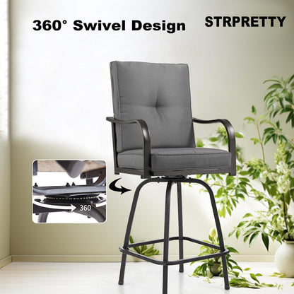 Patio Swivel Bar Stools Set of 2, Outdoor Bar Height Patio Swivel Chairs with Cushion for Garden Balcony Backyard (Grey)