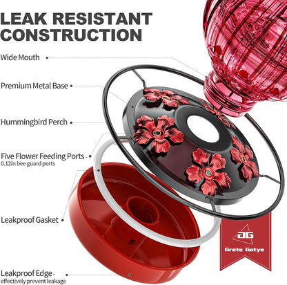 Glass Hummingbird Feeder for Outdoors Hanging, 26Oz Bird Nectar Feeder with Perch & 5 Flower Feeding Ports, Leak Proof for Outside Garden Decor Backyard, Gifts for Women Mom, Red